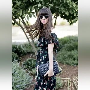 Vanessa Virginia Anthropologie Floral Black Dress Sheer Sleeves Zip Closure